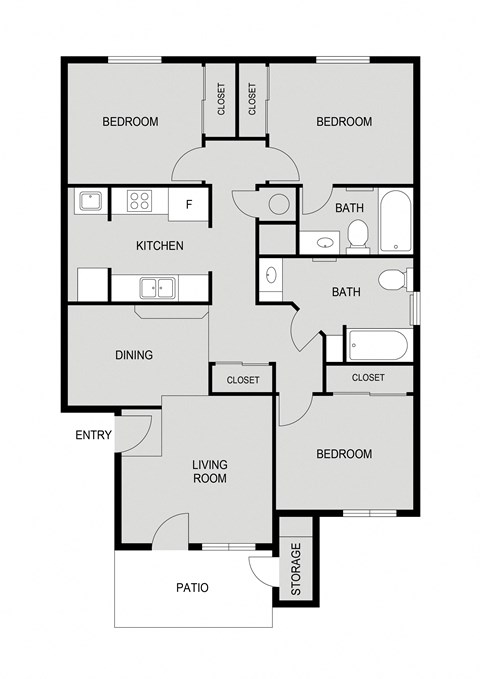 Floor plan for 3 beds, 2 baths, 1058 sqft